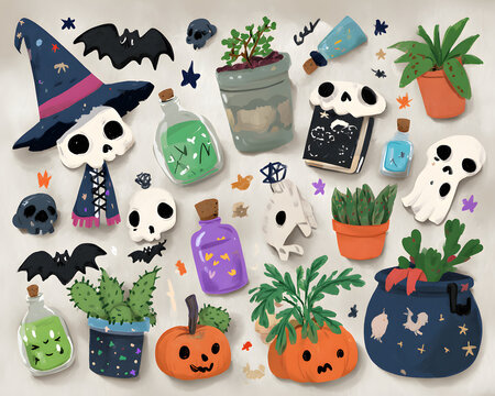 A playful Halloween-themed illustration featuring cute skulls, potion bottles, and pumpkins, perfect for festive fun.