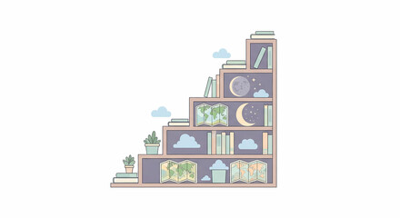 Creative Bookshelf with Maps, Moon, and Plants

