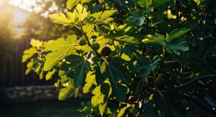 Obraz premium Fig tree branch with fruit, backlit by the sun, green leaves, bokeh background