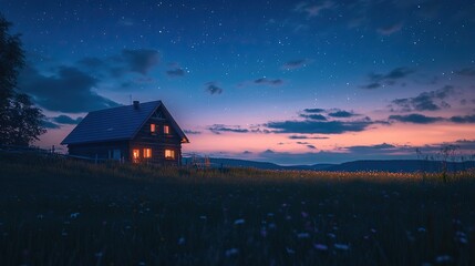 A cozy countryside under a deep blue twilight sky.