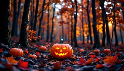 A serene autumnal scene with pumpkins scattered across a carpet of fallen leaves, nestled in a forested area during what appears to be either sunrise or sunset, given the soft