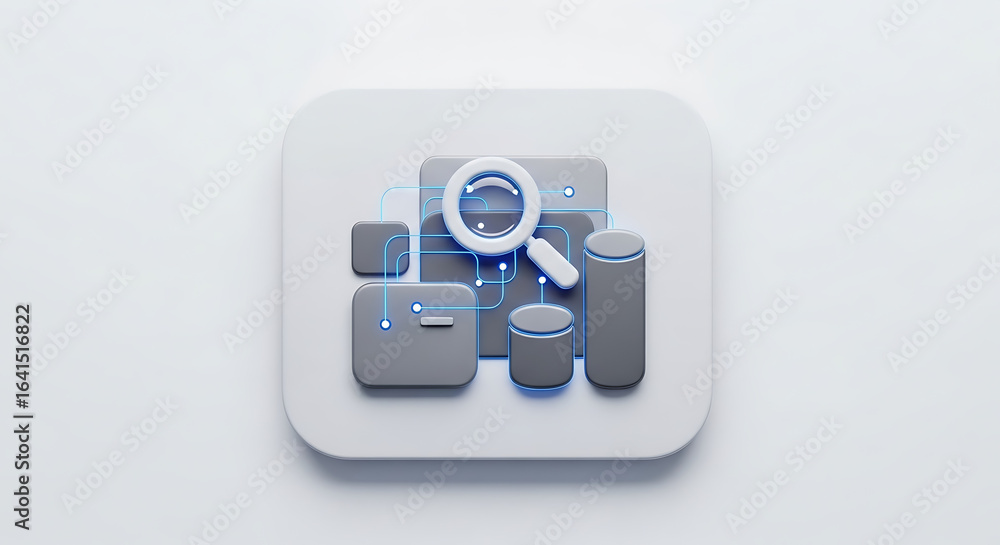 Poster isometric icon illustration of data analytics with magnifying glass and connected blocks design