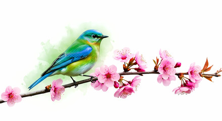 Beautiful Blue Bird on a Flowering Cherry Tree Branch


