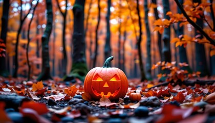 A serene autumn scene with a pumpkin prominently placed in the center, surrounded by fallen leaves