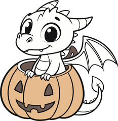 Fototapeta premium Cute Baby Dragon in Halloween Pumpkin - Coloring Book Style