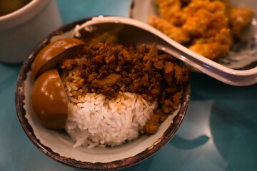 Taiwanese rice bowl with braised egg and pork on top