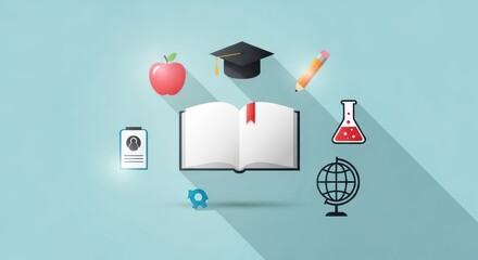Flat Design Education Icons with Long Shadows Orbiting a Central Open Book