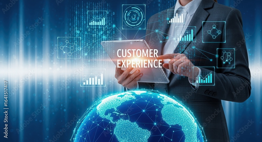Poster businesswoman navigating digital customer experience interface on tablet with global network analyti