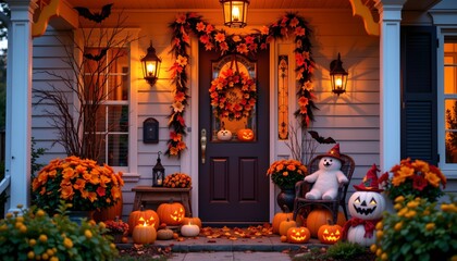 A festive Halloween scene at a residential home. The house is adorned with pumpkins and autumn decorations along the porch, creating a warm and inviting atmosphere