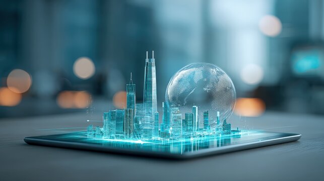Futuristic Cityscape Hologram on Tablet Display: Technology, Innovation, and Urban Development Concept