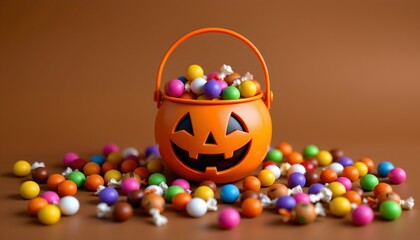 A Halloween themed scene with a basket containing candy shaped like pumpkins alongside a basket with chocolate covered candies