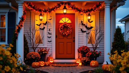 An autumnal Halloween night at a house decorated for the occasion. The house is adorned with festive decorations such as lights, banners, and jack o' lanterns, all in warm, autumnal colors