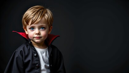 A young boy in costume, seated against a dark background with bokeh elements that softly blur into the darkness, creating a dramatic effect