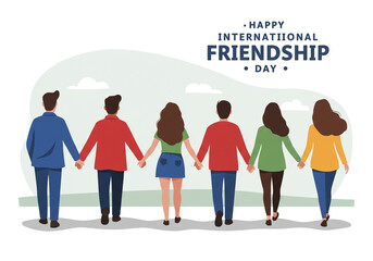 Illustration of diverse friends holding hands walking together celebrating international friendship day event