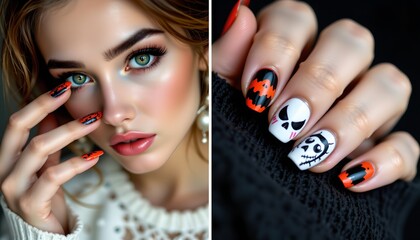 A close up of hands wearing orange nail polish with a design resembling a skull's face