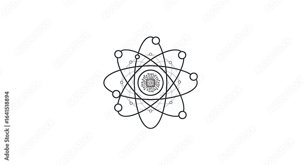 Poster illustration of an atom structure with a microchip at the center on a white background design