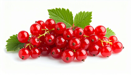 Fresh red currants with green leaves on a white background.