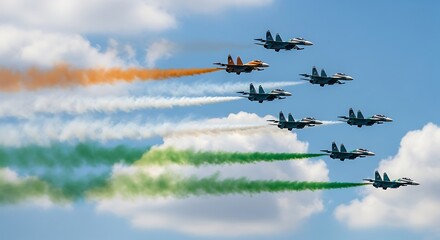 Spectacular military air show with fighter jets in formation creating tricolor smoke trails against a blue cloudy sky, representing a national flag.