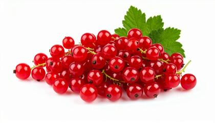 A vibrant cluster of ripe red currants, glistening with freshness, rests on a pristine white background, accompanied by a few lush green leaves.