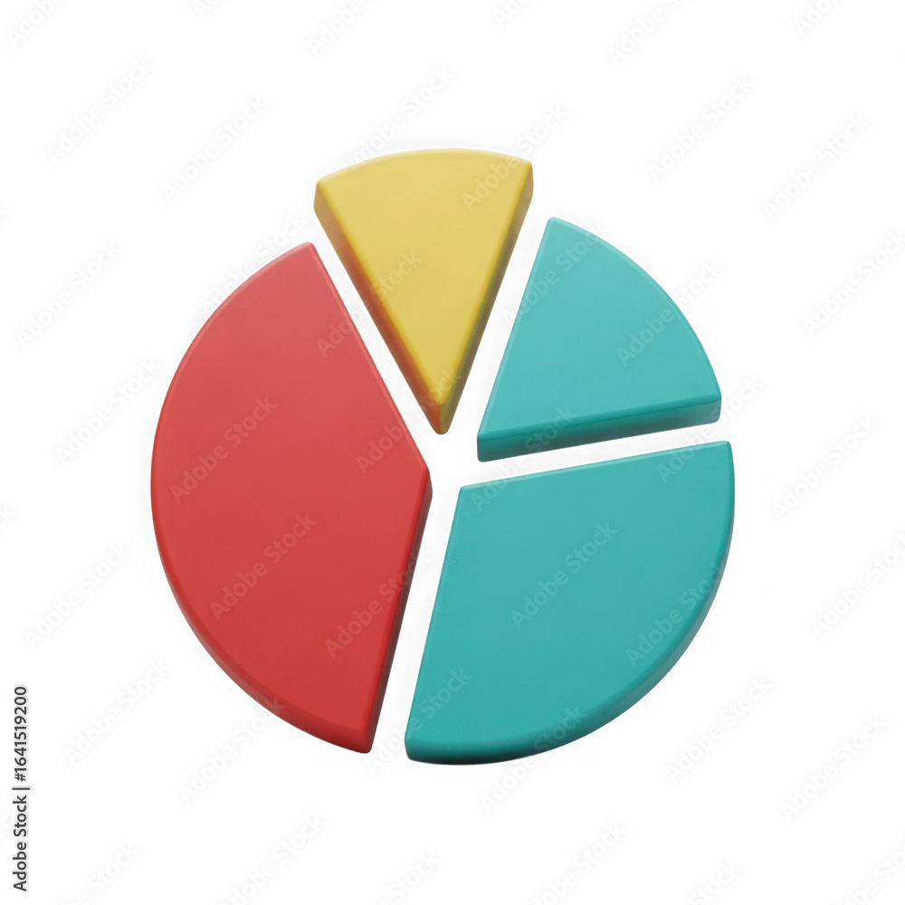 Poster colorful 3d rendering pie chart divided into three segments representing data analysis and financial