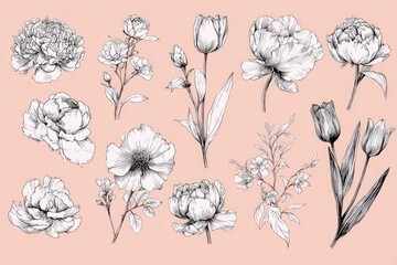 Elegant botanical line drawing collection