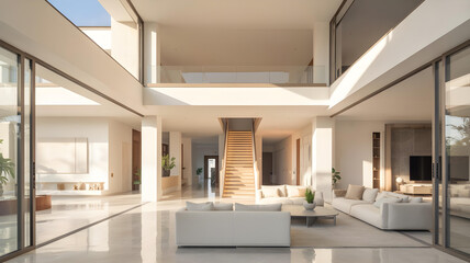 Bright, modern two-story villa interior with glass staircase and minimalist white design.
