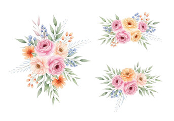 Watercolor floral bouquets with roses isolated on transparent background