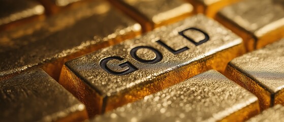 Shiny gold bars with 'gold' engravings in perfect rows, highlighting metallic texture and brilliant reflections on golden backdrop