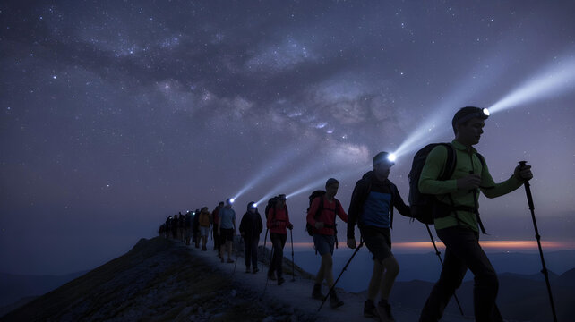 Group of hikers with flashlights ascending a mountain under a starry Milky Way night sky.

