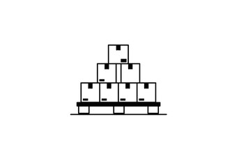 A simple line drawing of a stack of boxes arranged in a pyramid shape on a wooden pallet isolated