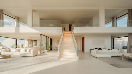 Obraz premium Bright, modern two-story villa interior with glass staircase and minimalist white design. 