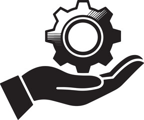 Hand Holding Gear Implementation Icon Vector Black Silhouette on White Background