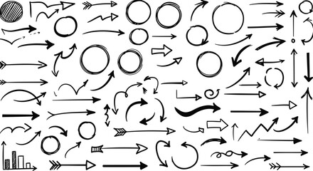 Collection of hand drawn black arrows and circles on white background sketch drawing