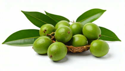 Obraz premium A collection of fresh, green limes and leaves arranged on a white background.