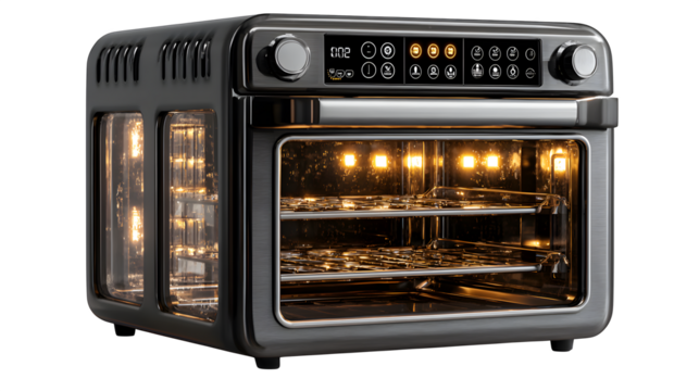 Modern air fryer oven with transparent glass door and interior lights ? designed for culinary guides and recipe illustrations - Powered by Adobe