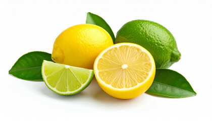 A lemon, a lime, a lemon half, and a lime wedge are arranged with green leaves on a white background.