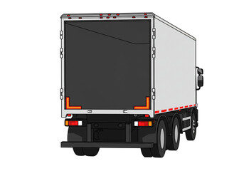 Rear view of a white semi truck with open back doors and orange reflectors on a white background