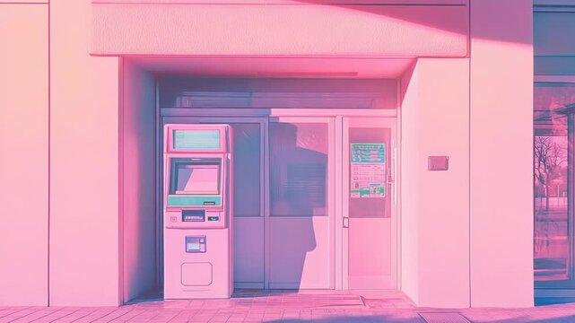 Pink cash machine standing outside a building
