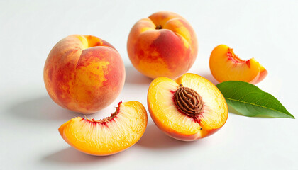 Juicy ripe peaches, one halved, showing the pit and two slices alongside whole fruit and leaves.