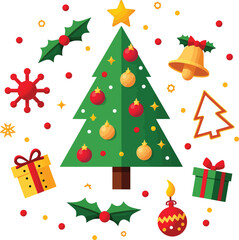 Christmas tree illustration with ornaments and festive elements on white background
