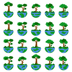 Earth and Nature Landscape Illustration Set &ndash; Green Planet with Grass, Trees, and Eco Environment Design

