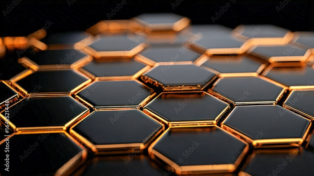 Poster hexagonal metallic grid structure with golden accents, modern abstract background, high tech honeyco
