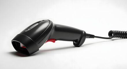 Black barcode scanner with coiled cable on a white background, commonly used in retail settings for scanning product barcodes