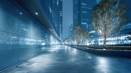 Modern Cityscape at Night with Illuminated Buildings and Empty Walkway, showcasing urban architecture and serene ambiance