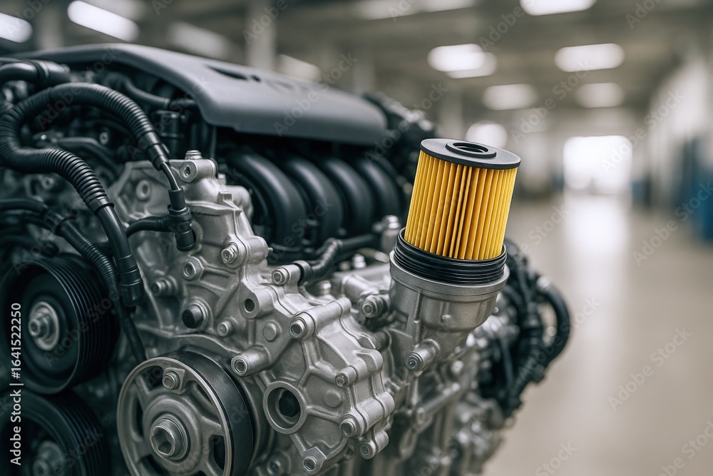 Aufkleber close-up of an automotive engine with an oil filter displaying precision engineering and mechanical 