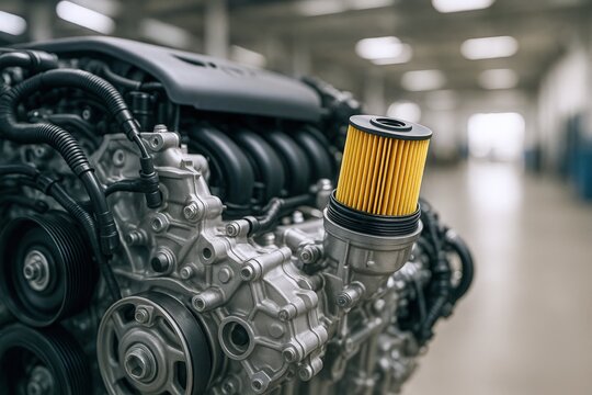 Close-up of an Automotive Engine with an Oil Filter Displaying Precision Engineering and Mechanical Components - Powered by Adobe