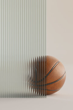 3D basketball partly hidden behind vertical fluted glass