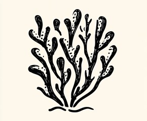 Intricate black-and-white illustration of stylized seaweed.  Complex, organic forms, resembling a flourishing underwater plant