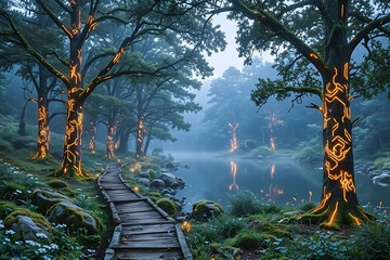 Mystical digital fantasy forest with glowing trees and wooden path by a tranquil river.