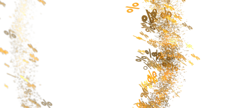 Abstract image of gold percentage symbols floating and swirling on a white background. Perfect for sales, discounts, and promotions.
